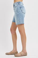 Delta's High-Rise Mid Length Raw Cut Hem Denim Shorts