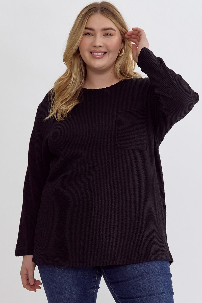 Curvy Ribbed Dolman Sleeve Pocket Detail Top