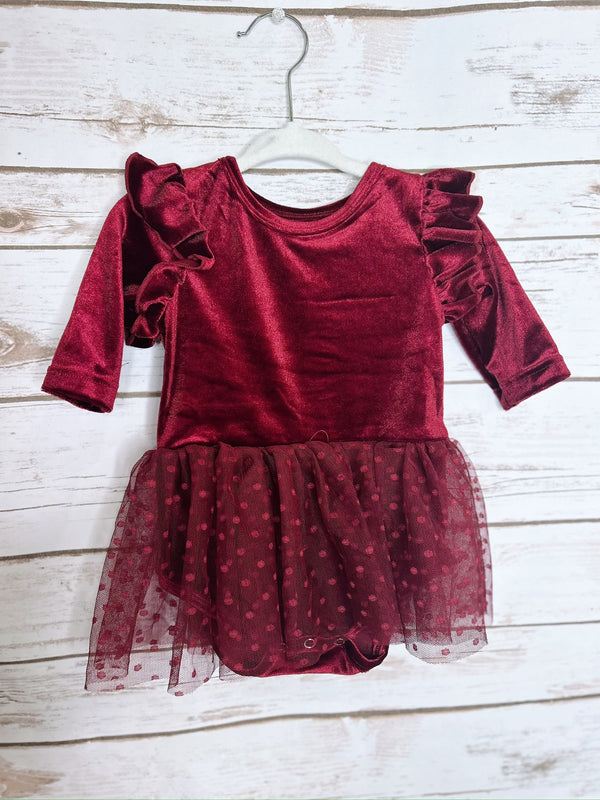 Kids Cabernet Velvet with Polka Dot Tulle Dress