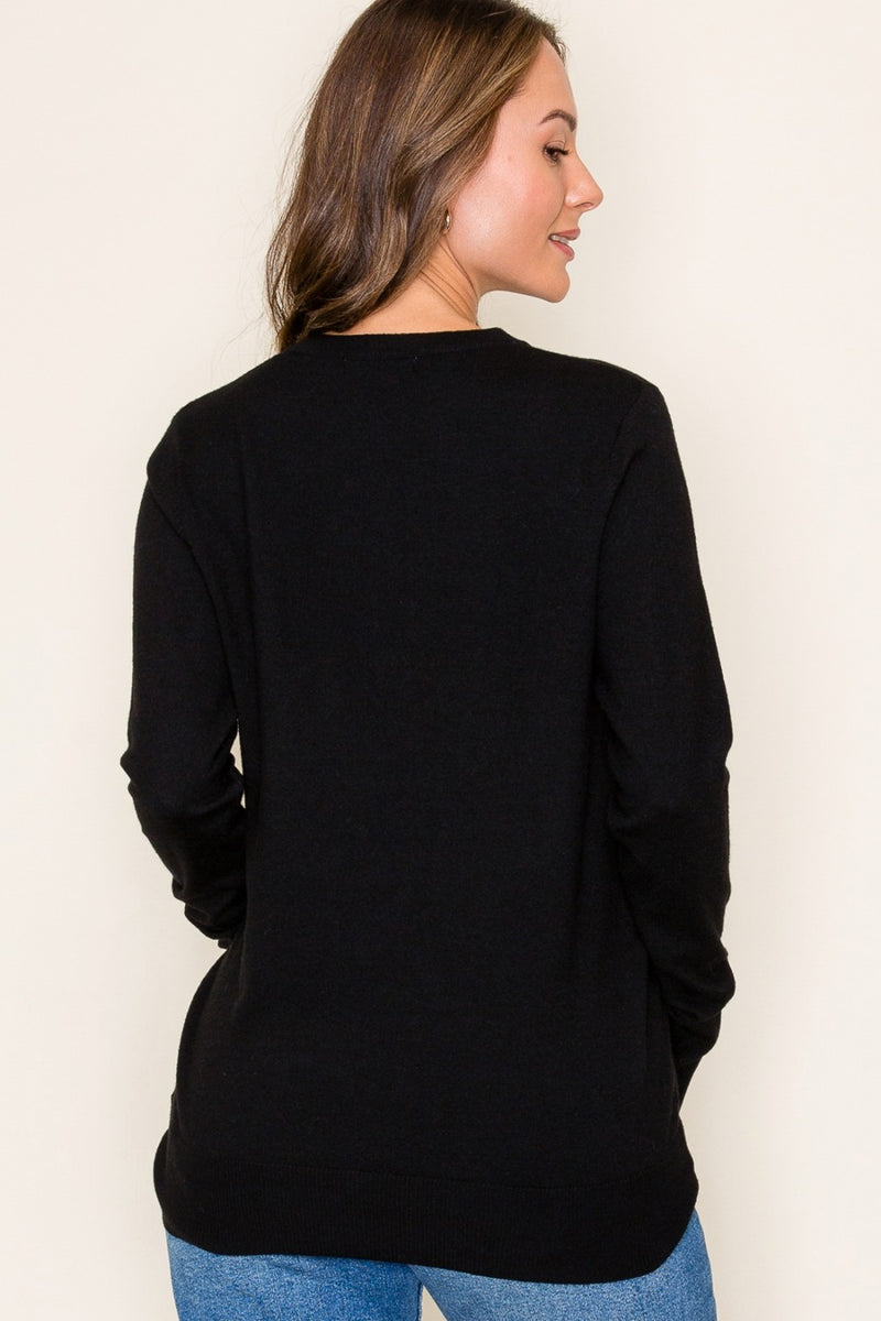 Black Round Neck Long Sleeve Top with Button Detail Cuffs