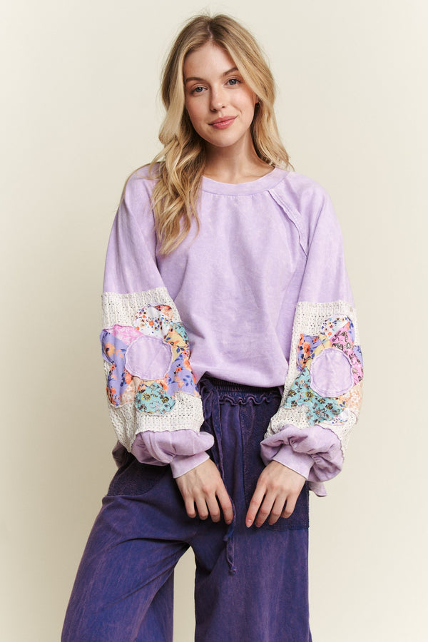 Light Lavender Mineral Wash Floral Patched Sleeve Top