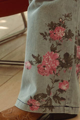 Denim Flowy Pants with Pink Floral Print