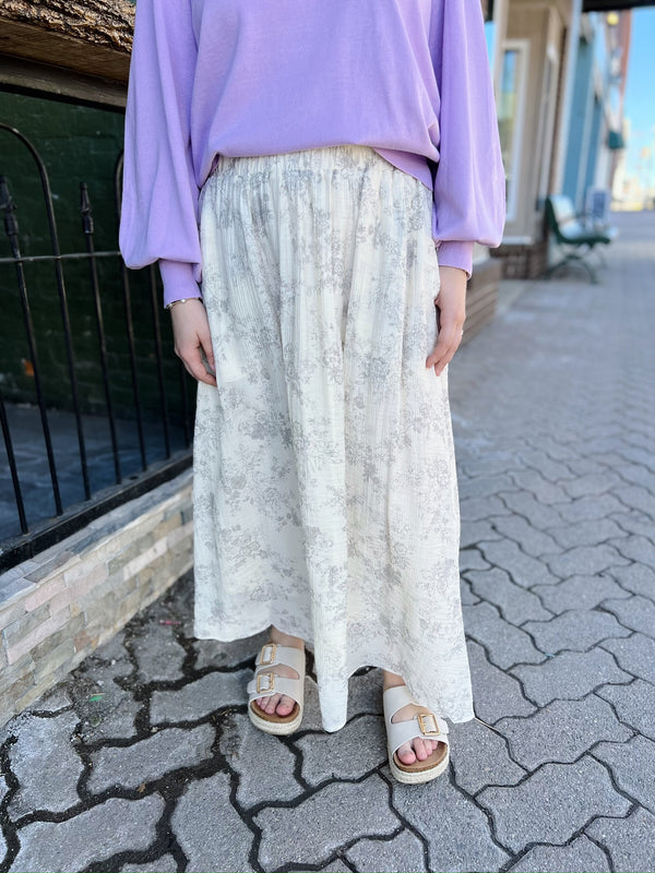 Cream with gray Floral Print Midi Skirt