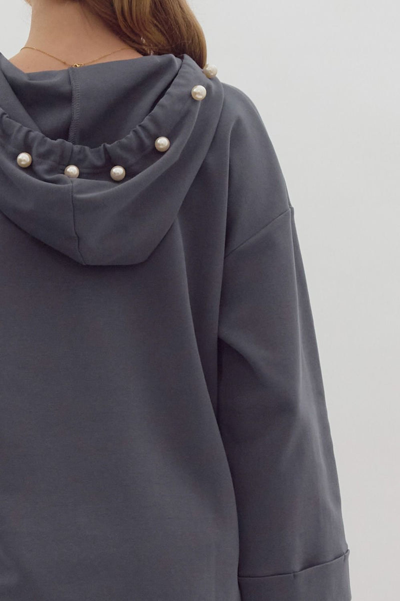 Charcoal Pearl Embellished Hooded Top