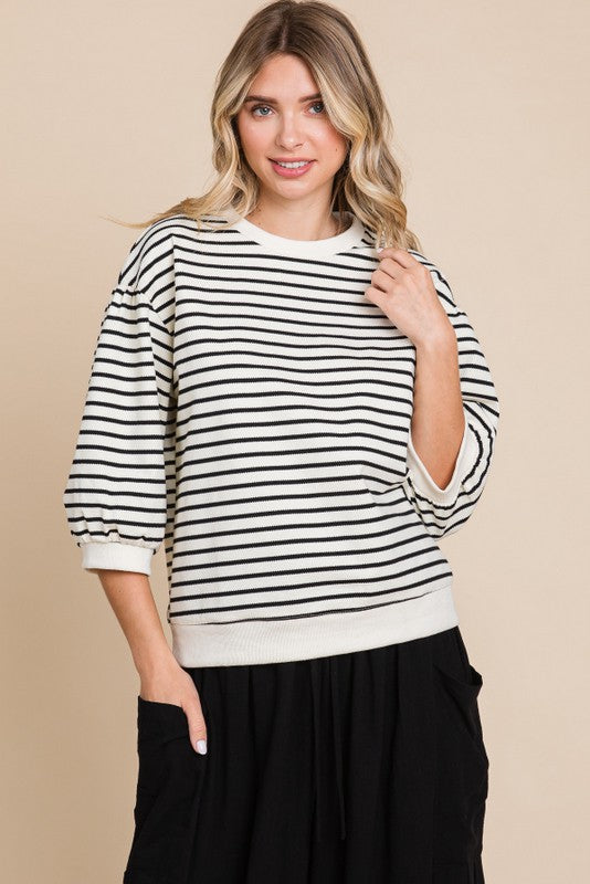 Black And Ivory Striped 3/4 Sleeve Crewneck Top