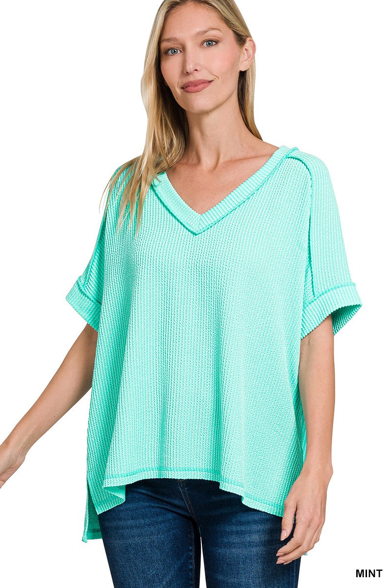 Ribbed Cuff V-Neck Tee