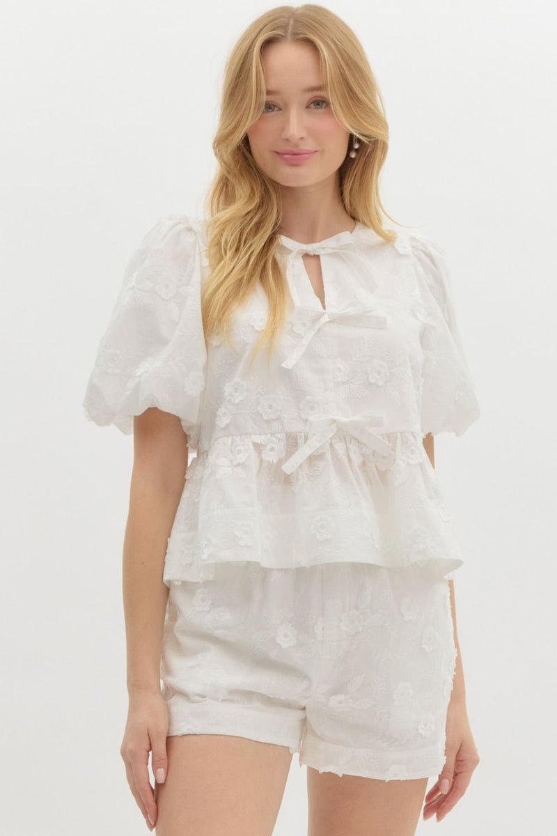 White Puff Sleeve Top With Flower Applique and Bows