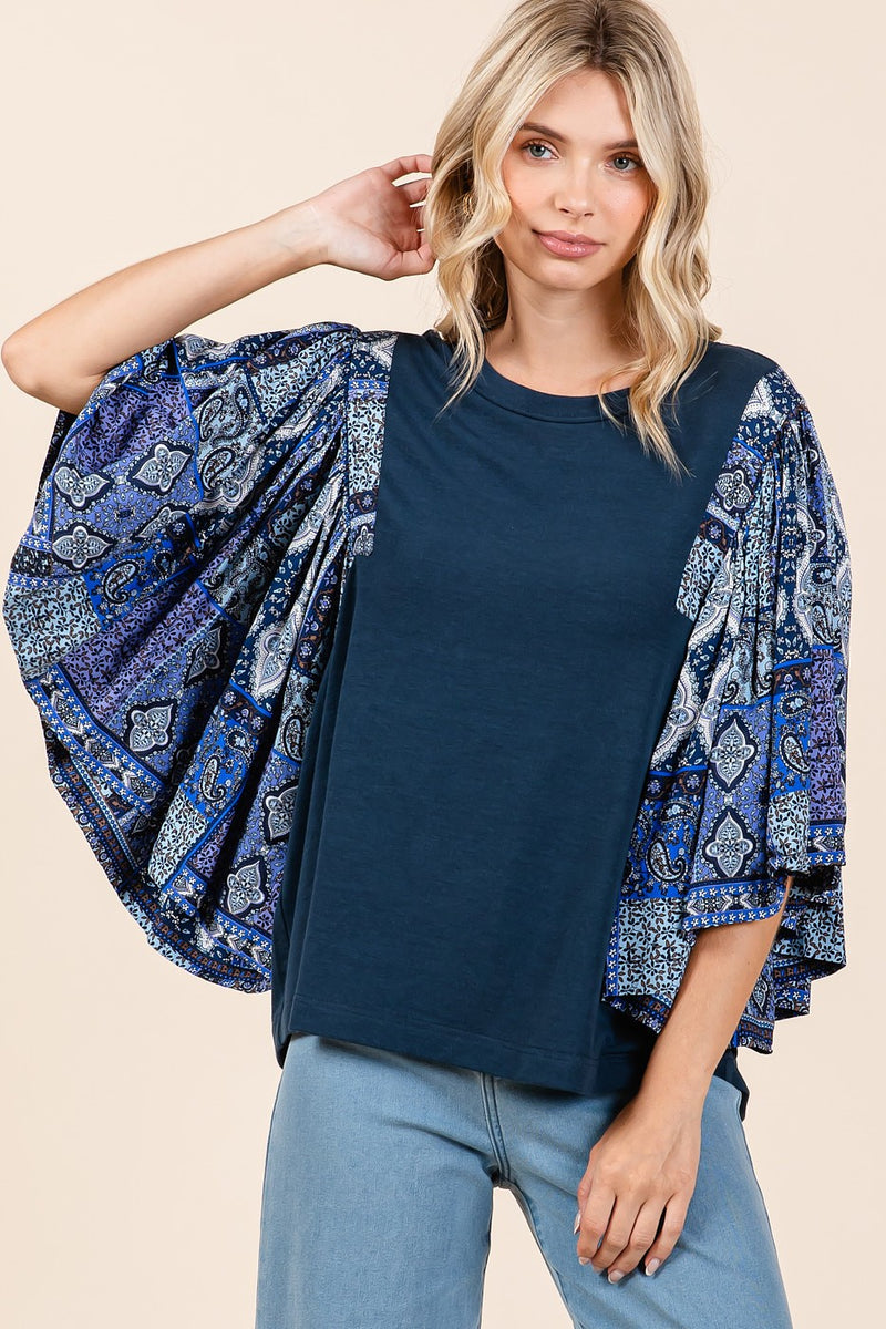 Dusk Blue with Paisley Flutter Sleeve Top