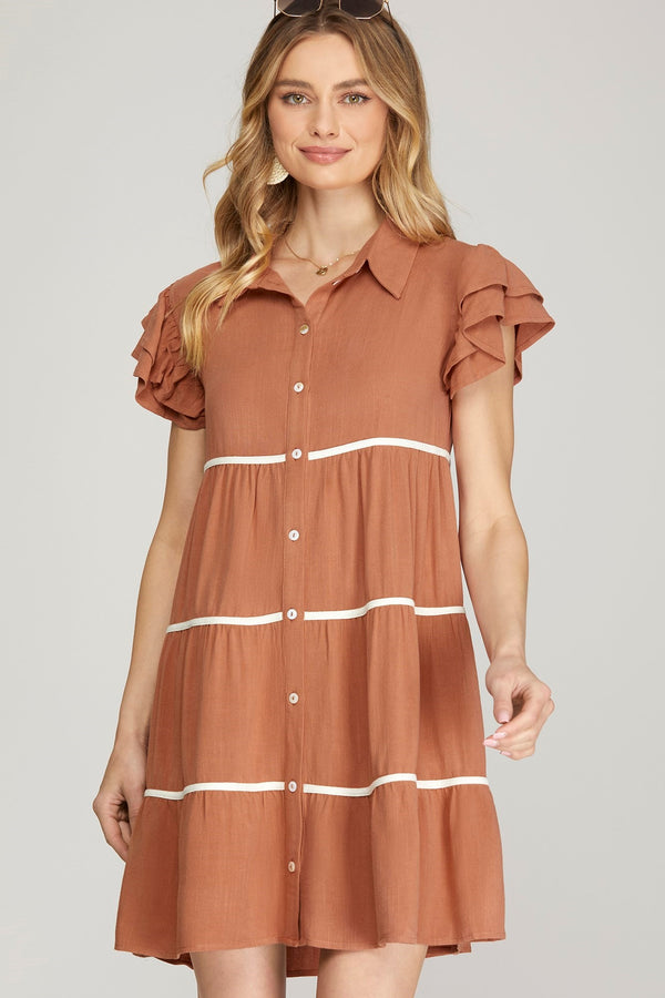 Rust Linen Ric Rac Button Detail Dress