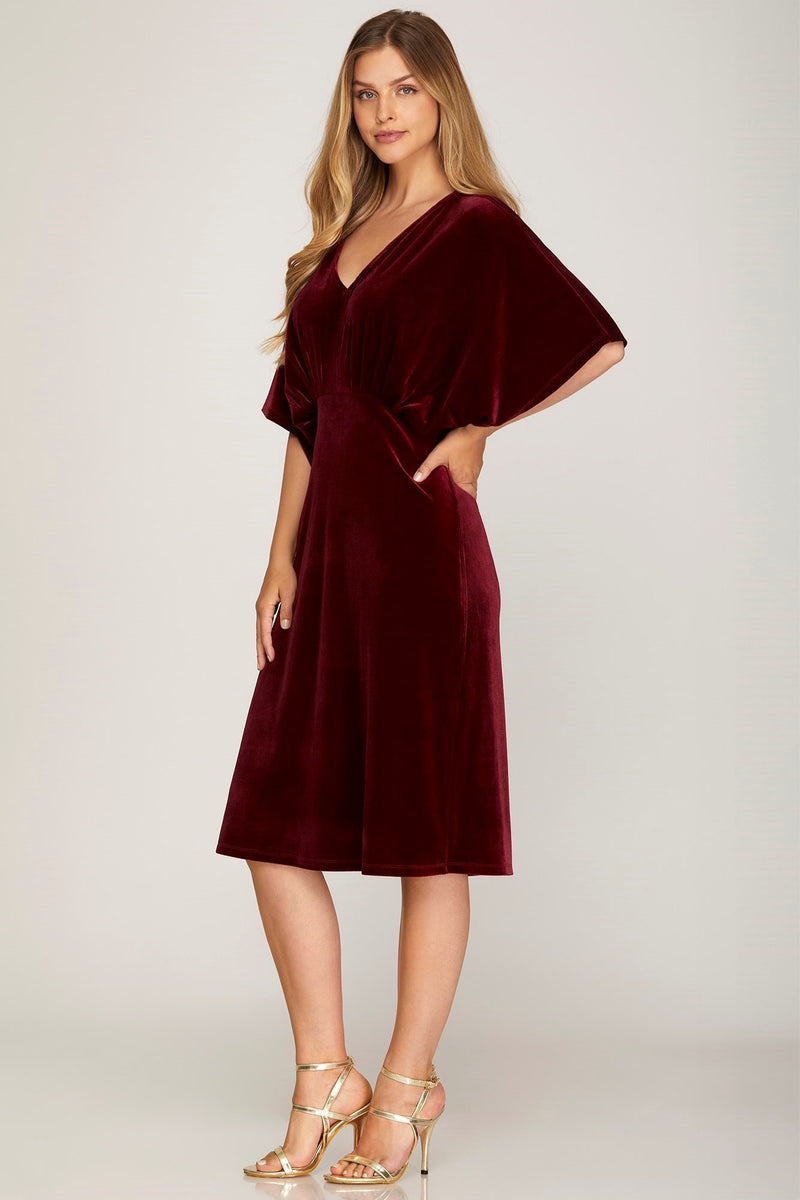 Wine Kimono Sleeve V Neck Velvet Midi Dress