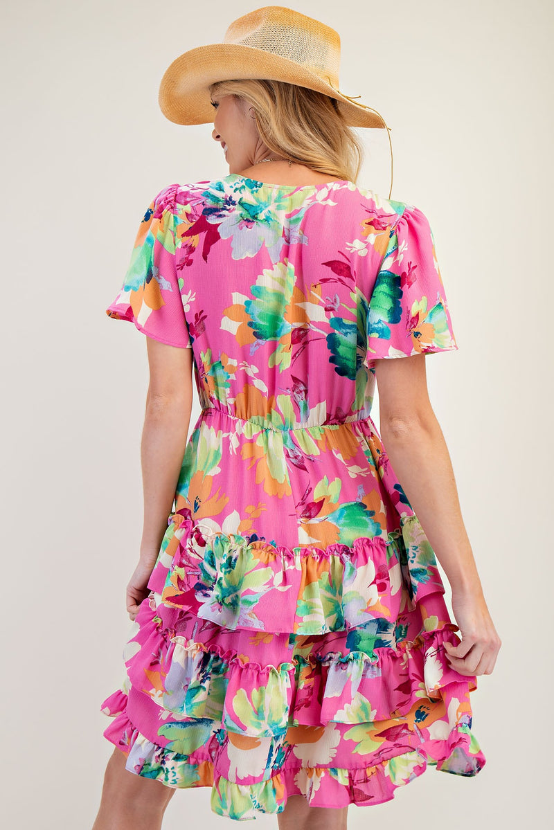 Pink Floral Printed Short Sleeve Tiered Ruffle Dress