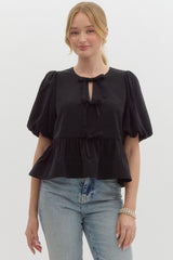 Black Puff Sleeve Top With Bows On Front