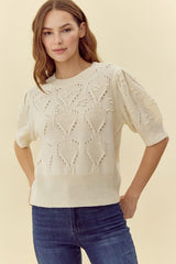 Ivory Pleated Shoulder Short Sleeve Sweater