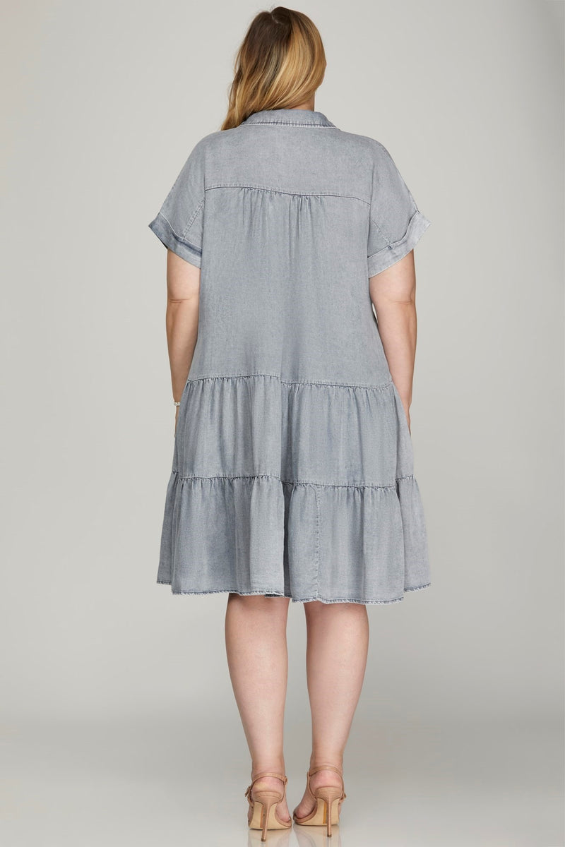 Curvy Chambray Tiered Collared Dress