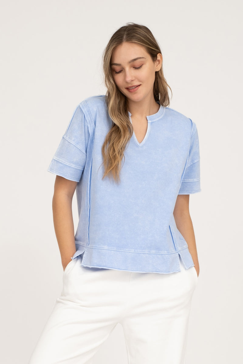 Washed Split Neck Short Sleeve Top