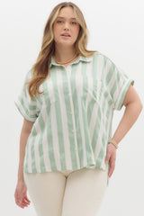 Curvy Sage Striped Button Down Top