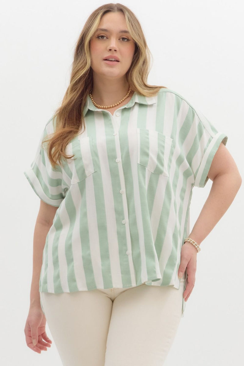 Curvy Sage Striped Button Down Top