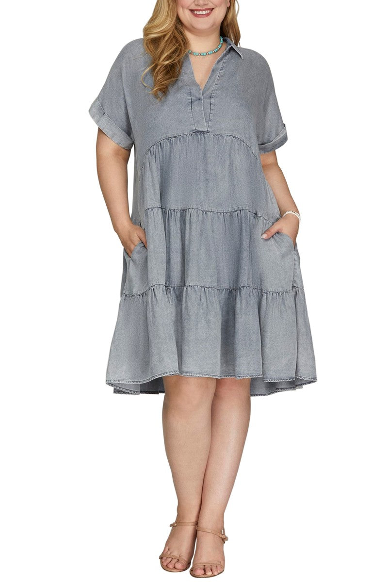 Curvy Chambray Tiered Collared Dress