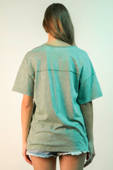 Sage Acid Washed V-Neck Shirt with Raw Hem Detailing