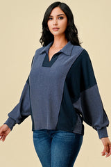 Curvy Mixed Material Outstitched Collared Top