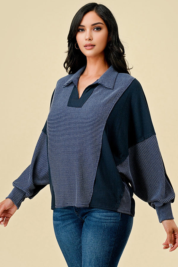 Curvy Mixed Material Outstitched Collared Top