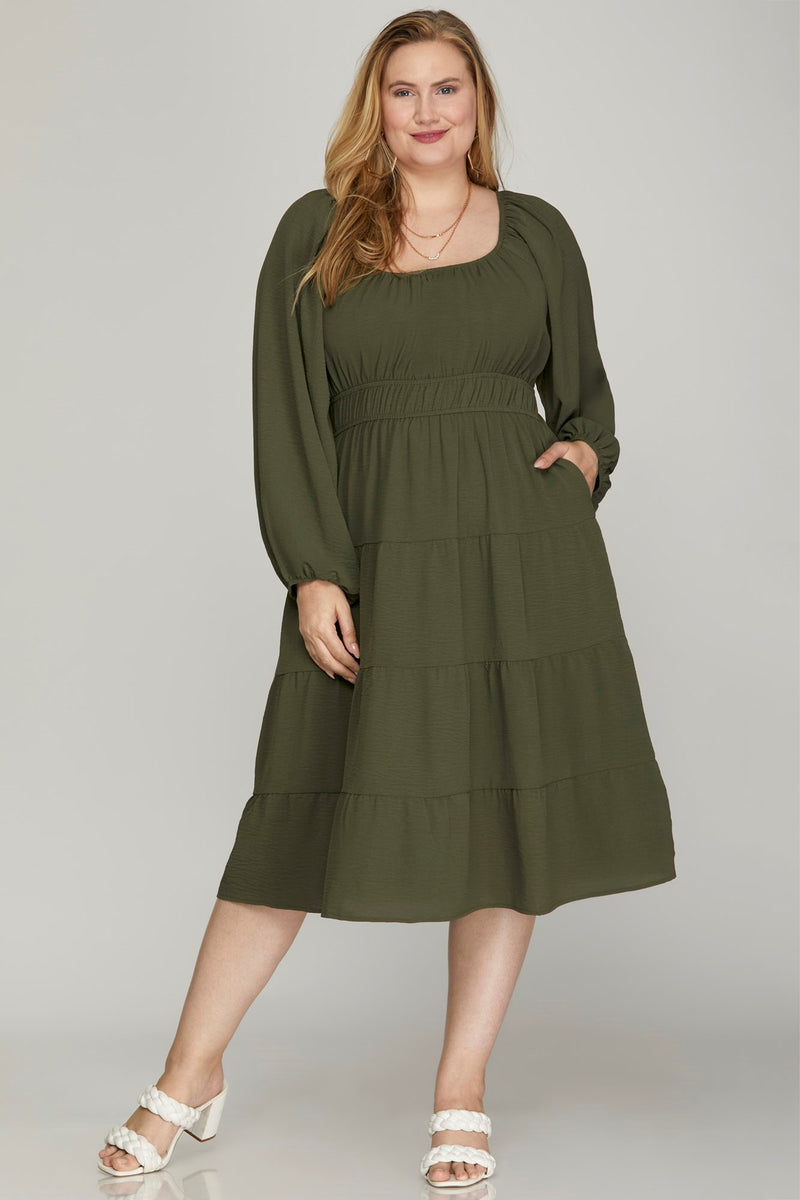 Plus Olive Tiered Balloon Sleeve Midi Dress