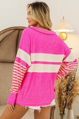 Hot Pink Crinkle Cutwith Striped Detail Sleeve