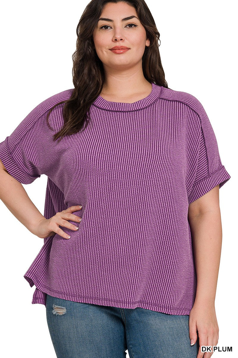 Curvy Corded Ribbed Cuff Sleeve Top