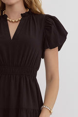 Black V-Neck Ruffled Collar Maxi Dress