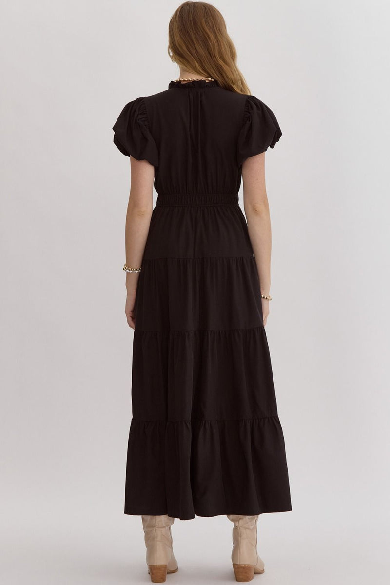 Black V-Neck Ruffled Collar Maxi Dress