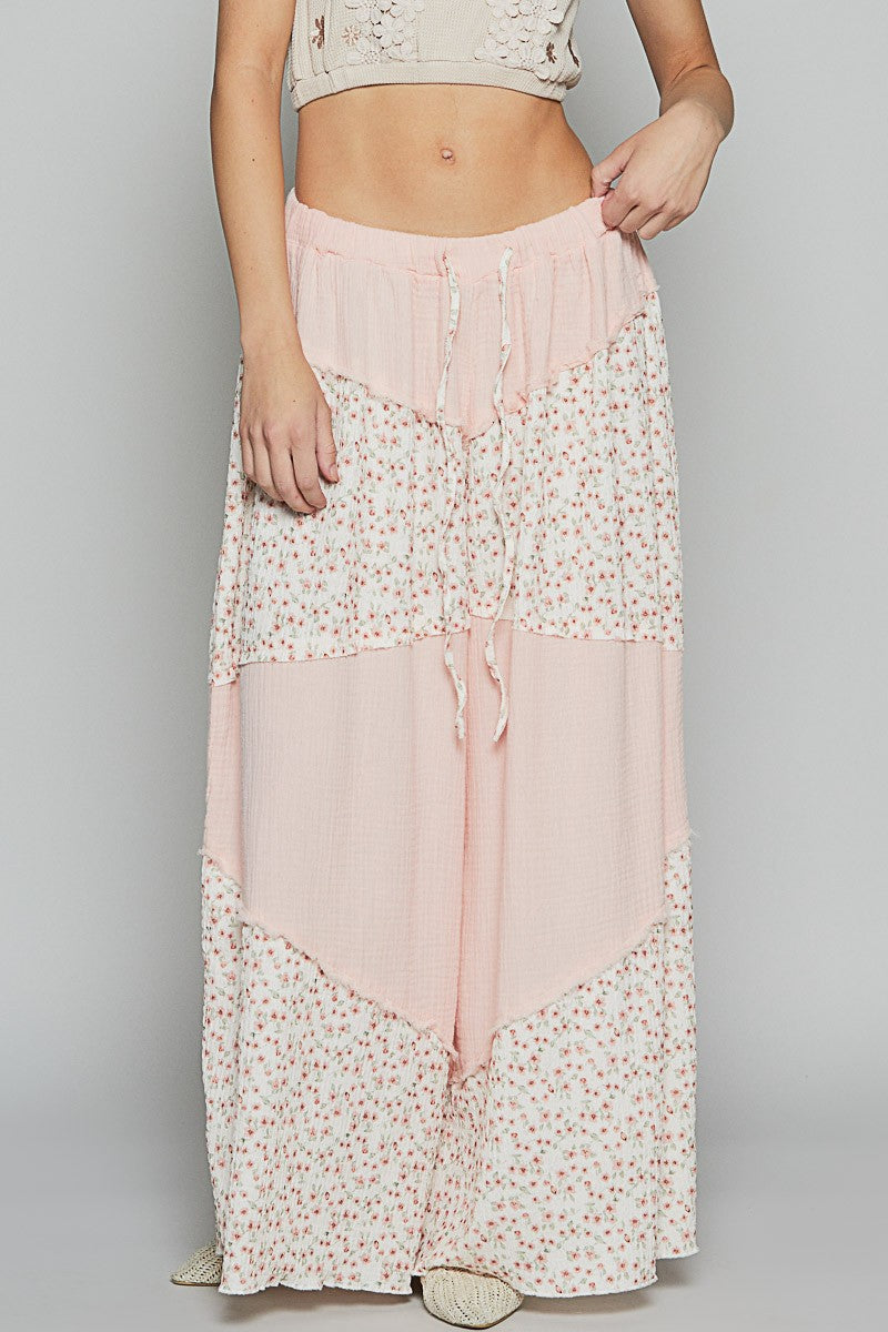 Baby Pink and Floral Colorblock Wide Leg Pants