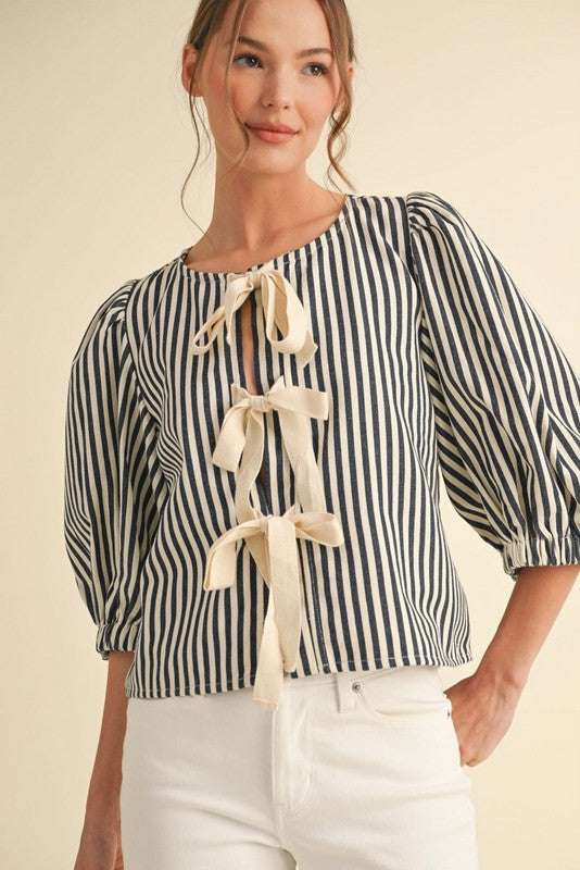 Striped Denim Top with Ivory Bow Detail