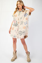 Khaki Floral Printed Raw Hem Button Down Dress